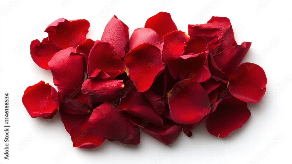 Beautiful Red Rose Petals Spread on White Background for Romantic Decorations, Weddings, and Floral Arrangements, Symbolizing Love and Passion