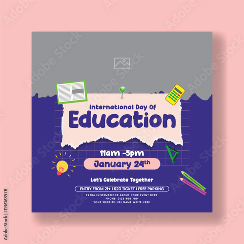 international day of education social media post banner ad template, back to school social media post design,  online learning course , kids educational square flyer background 