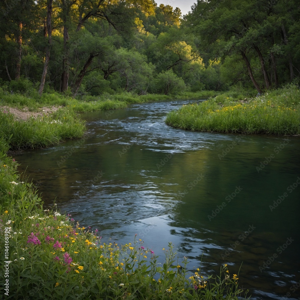 A tranquil river bend with wildflowers and lush green trees along the banks. A tranquil river bend with wildflowers and lush green trees along the banks.