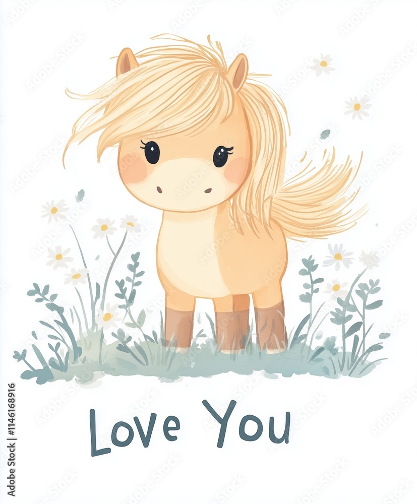 Charming cartoon pony standing in a floral meadow with daisies and the text 'Love You' Charming cartoon pony standing in a floral meadow with daisies and the text 'Love You'