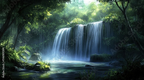 Serene Cascading Waterfall Surrounded by Lush Greenery and Vibrant Plant Life in a Tranquil Forest Setting with Diffused Light and Misty Atmosphere