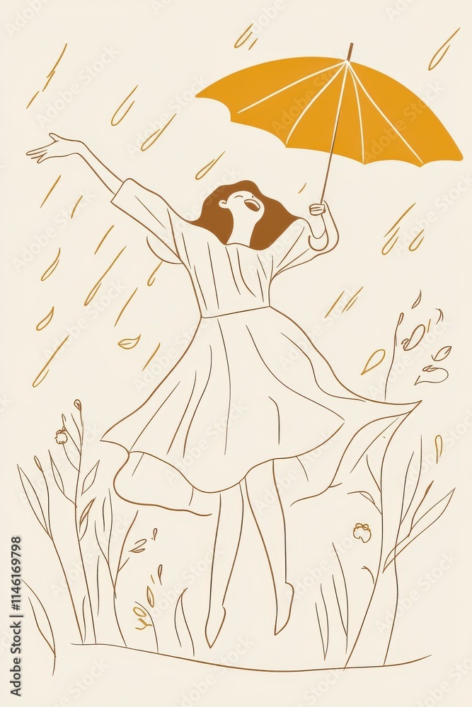 A minimal single line art of a woman holding an umbrella, laughing as she dances in the rain, hand-drawn style minimalist line art, beige colors and bright yellow tones, cream-colored background A minimal single line art of a woman holding an umbrella, laughing as she dances in the rain, hand-drawn style minimalist line art, beige colors and bright yellow tones, cream-colored background