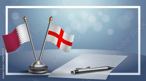 Qatar and England National flags on small table with bokeh background, cooperative relationship