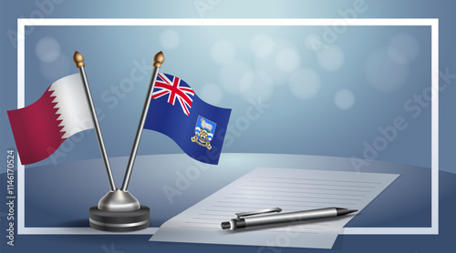 Qatar and Falkland Islands National flags on small table with bokeh background, cooperative relationship