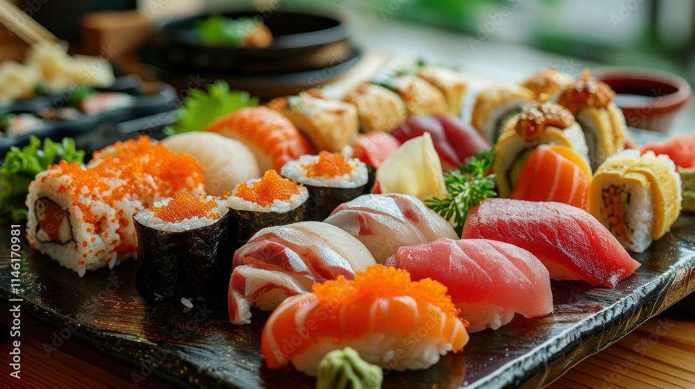 A plate of assorted sushi rolls and sashimi, including salmon and tuna, with chopsticks and soy sauce on the side. A plate of assorted sushi rolls and sashimi, including salmon and tuna, with chopsticks and soy sauce on the side.