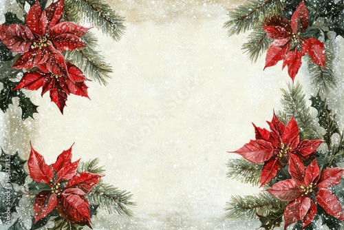 Vintage Christmas Frame with Poinsettias and Pine Branches, Perfect for Holiday Greetings, Invitations, or Seasonal Artwork Displays