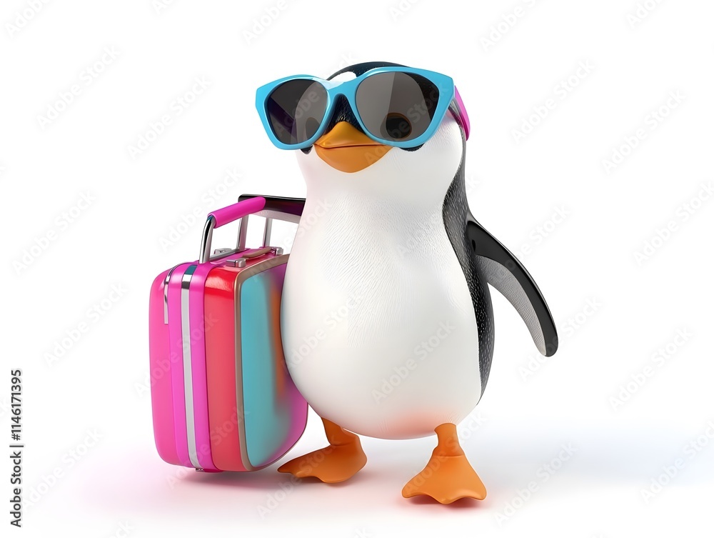 Obraz premium Penguin wearing oversized sunglasses and dragging a vibrant suitcase
