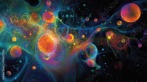 An abstract visualization of quantum data, featuring colorful entangled particles, glowing nodes, and swirling quantum waveforms against a dark background.