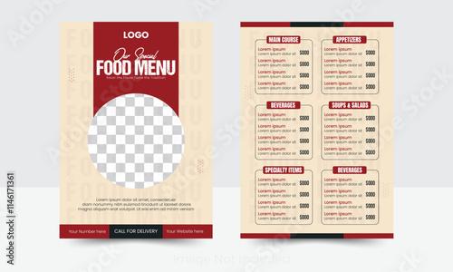 Modern double-sided menu card design, ideal for showcasing extensive food and drink options. One side highlights signature dishes, while the other features beverages and desserts.