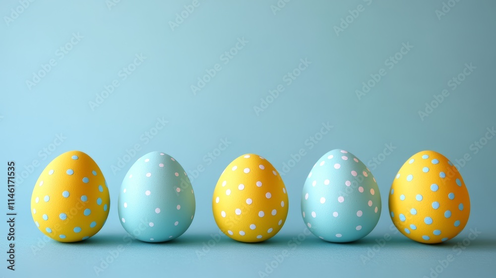 Five Blue And Yellow Easter Eggs With A Polka Dot Pattern On A Blue Background With Copy Space Five Blue And Yellow Easter Eggs With A Polka Dot Pattern On A Blue Background With Copy Space