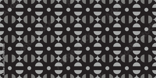  Seamless geometric pattern combination of black and white semicircular shapes. Perfect for printing, design backgrounds, wallpaper and tiles.