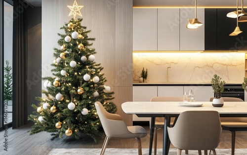 A cozy modern dining area with a small Christmas tree decorated with white and gold ornaments