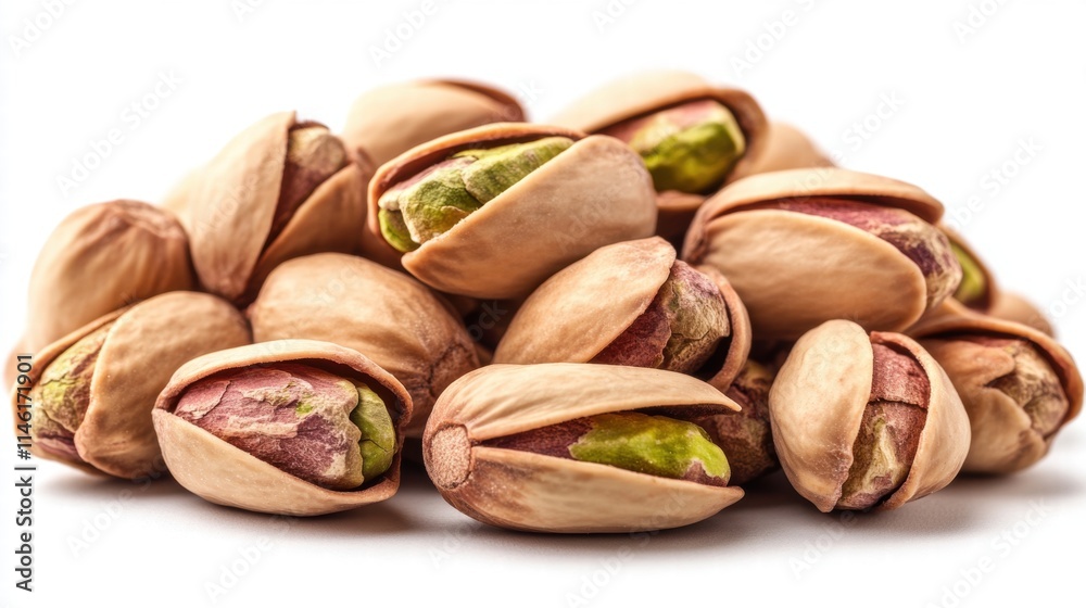 Close-Up View of Shelled and Unshelled Pistachios on White Background Perfect for Food Photography and Culinary Uses in Healthy Snack Concepts Close-Up View of Shelled and Unshelled Pistachios on White Background Perfect for Food Photography and Culinary Uses in Healthy Snack Concepts