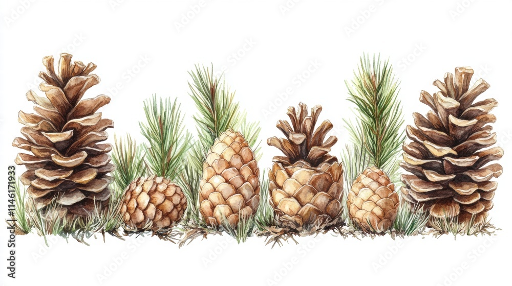 A Collection of Different Pine Cones Displaying Various Shapes, Sizes, and Textures Surrounded by Green Grass and Pine Needles in a Natural Woodland Environment A Collection of Different Pine Cones Displaying Various Shapes, Sizes, and Textures Surrounded by Green Grass and Pine Needles in a Natural Woodland Environment