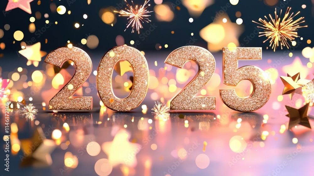 3D 2025 Golden Glitter Number Display, Representing a Bright and Prosperous Future in the Coming New Year. 3D 2025 Golden Glitter Number Display, Representing a Bright and Prosperous Future in the Coming New Year.