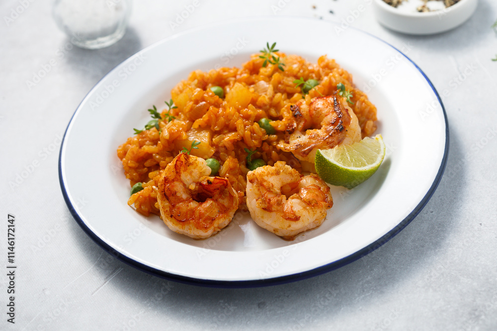 Fototapeta premium Roasted shrimps with spicy rice