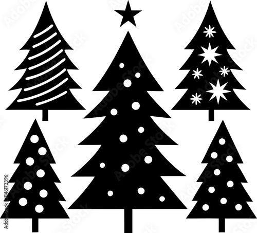 Black and White Christmas Tree Silhouette Vector Set with Festive Lights