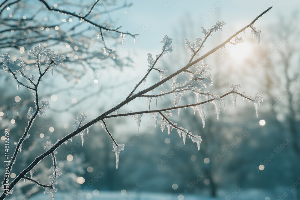 A delicate branch covered in icicles and frost sparkles in the sunlight on a cold winter morning A delicate branch covered in icicles and frost sparkles in the sunlight on a cold winter morning