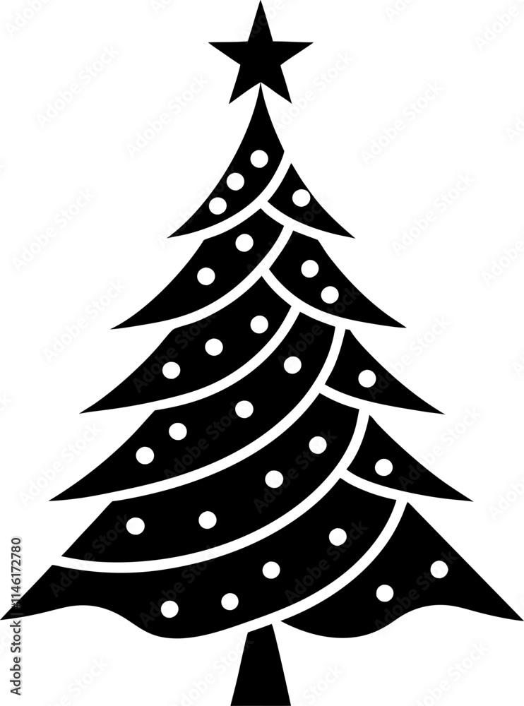 Fototapeta premium Black and White Christmas Tree Silhouette Vector Set with Festive Lights