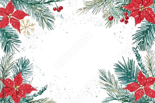 Whimsical Christmas Border with Poinsettias and Pine Branches for Holiday Greetings and Festive Designs, Perfect for Seasonal Invitations and Cards
