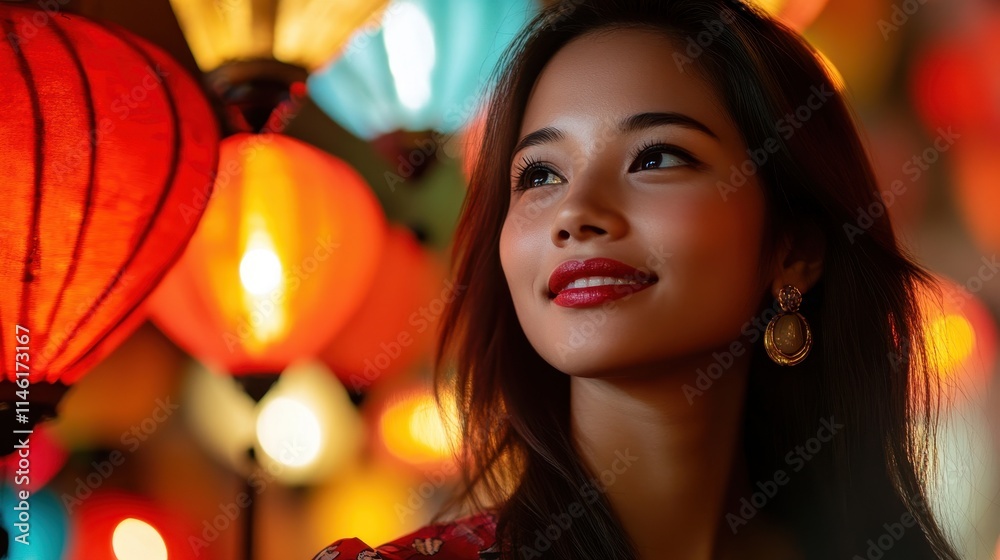 Enchanted Evening: A Woman's Serene Gaze Amidst Festive Lanterns Enchanted Evening: A Woman's Serene Gaze Amidst Festive Lanterns