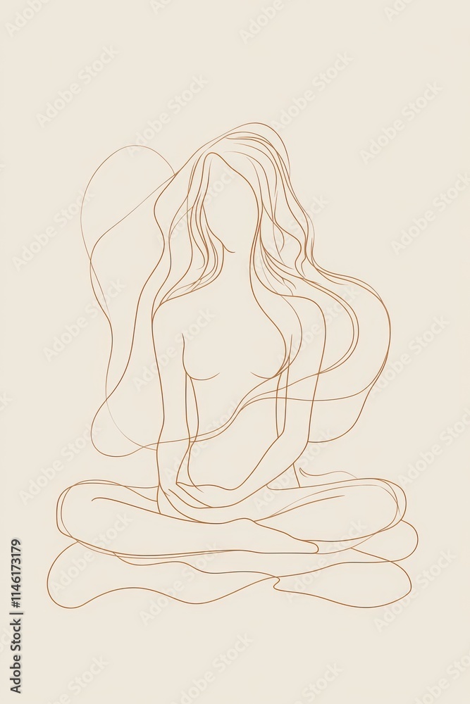 A minimal single line art of a woman sitting in lotus position with a soft glow around her, hand-drawn style minimalist line art, beige colors and golden tones, cream-colored background A minimal single line art of a woman sitting in lotus position with a soft glow around her, hand-drawn style minimalist line art, beige colors and golden tones, cream-colored background