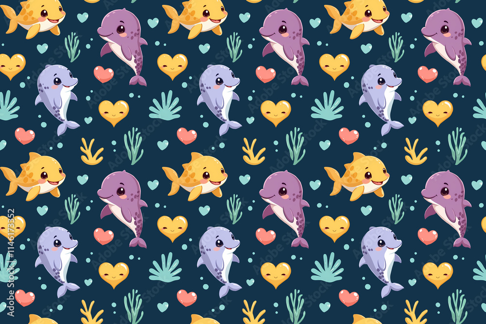 Fototapeta premium Adorable Valentine's Day Dolphin Pattern with Hearts and Marine Elements Seamless Pattern