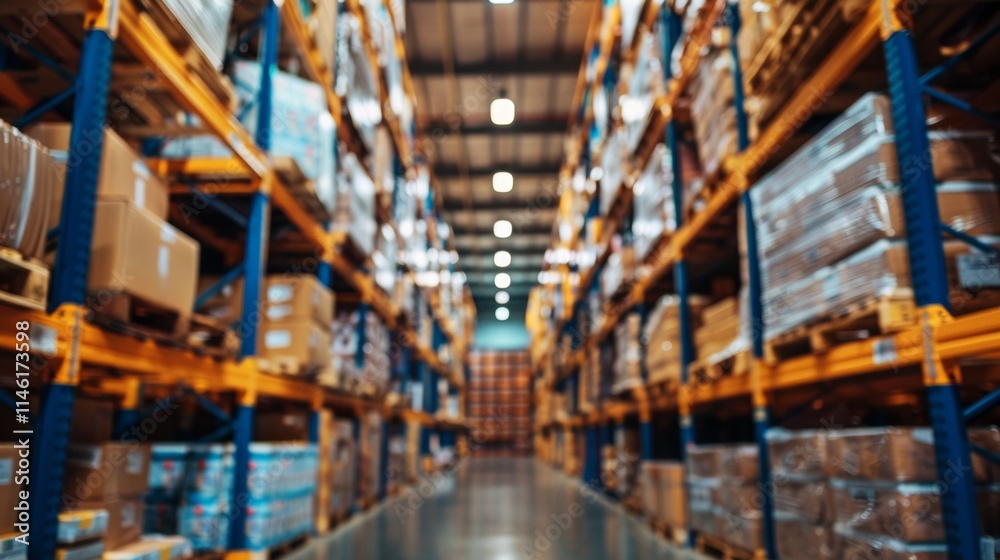 Organized warehouse aisle filled with stacked cardboard boxes Organized warehouse aisle filled with stacked cardboard boxes