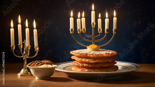 A lit menorah with eight candles, surrounded by a plate of latkes and sufganiyot, with warm golden lighting from the candles. photo