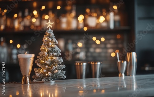 A modern bar featuring a small frosted Christmas tree with monochrome decorations, glowing softly beside cocktail shakers photo