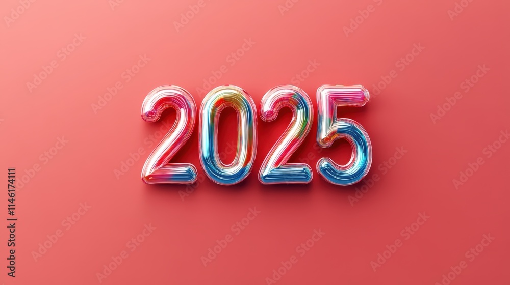 3D 2025 Metallic Colorful Number on Red Surface, Representing a Bright and Prosperous Future in the Coming Happy New Year. 3D 2025 Metallic Colorful Number on Red Surface, Representing a Bright and Prosperous Future in the Coming Happy New Year.
