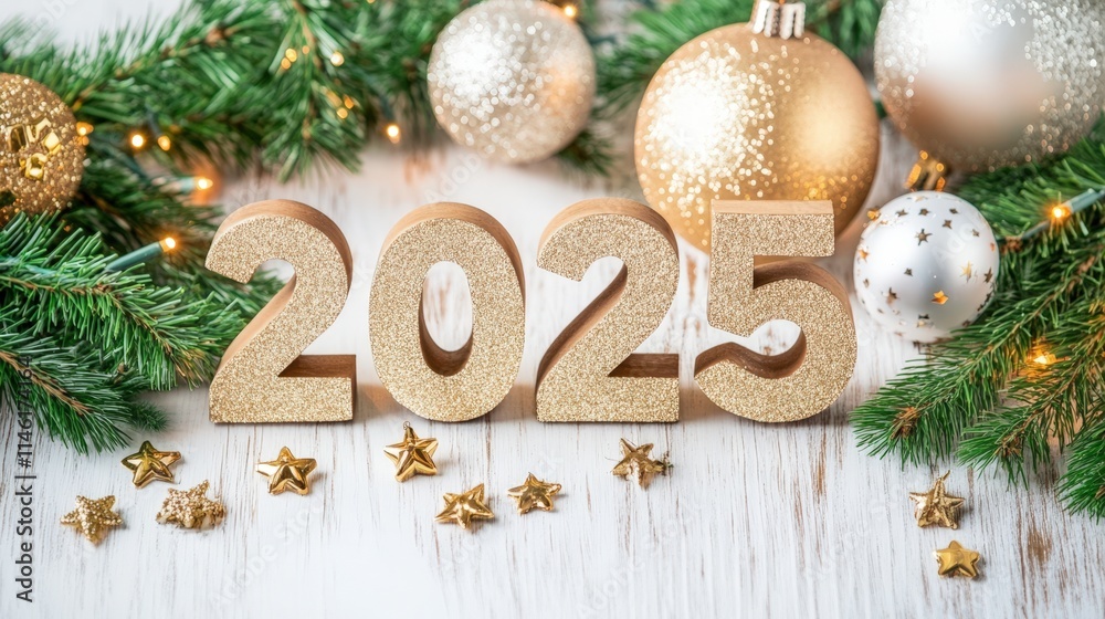 3D Golden 2025 Glitter Number with Christmas Elements on Wooden Table, Representing a Bright and Prosperous Future in the Coming Happy New Year.