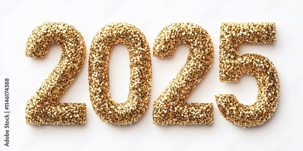 2025 Gold Glitter Number on White Surface, Representing a Bright and Prosperous Future in the Coming Happy New Year. 2025 Gold Glitter Number on White Surface, Representing a Bright and Prosperous Future in the Coming Happy New Year.