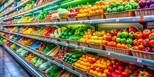 Supermarket Aisles Close-Up: Grocery Shelves, Produce, Food Products, Detailed View
