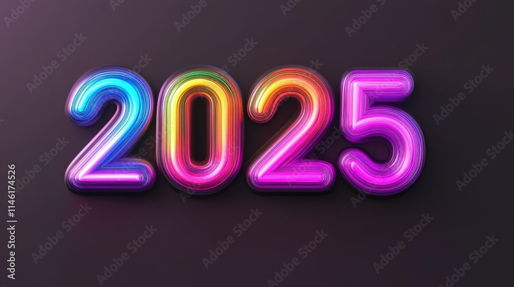 3D 2025 Colorful Neon Number on Dark Surface, Representing a Bright and Prosperous Future in the Coming Happy New Year. 3D 2025 Colorful Neon Number on Dark Surface, Representing a Bright and Prosperous Future in the Coming Happy New Year.