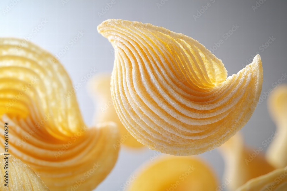 Close-up of Delicious Crispy Potato Chips with Unique Waves and Textures Against a Soft Background for Snack Food Photography Close-up of Delicious Crispy Potato Chips with Unique Waves and Textures Against a Soft Background for Snack Food Photography