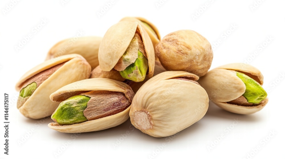 Natural Pistachio Nuts in Shells Displayed on White Background, Highlighting Nutty Texture and Freshness of Healthy Snack Option Natural Pistachio Nuts in Shells Displayed on White Background, Highlighting Nutty Texture and Freshness of Healthy Snack Option