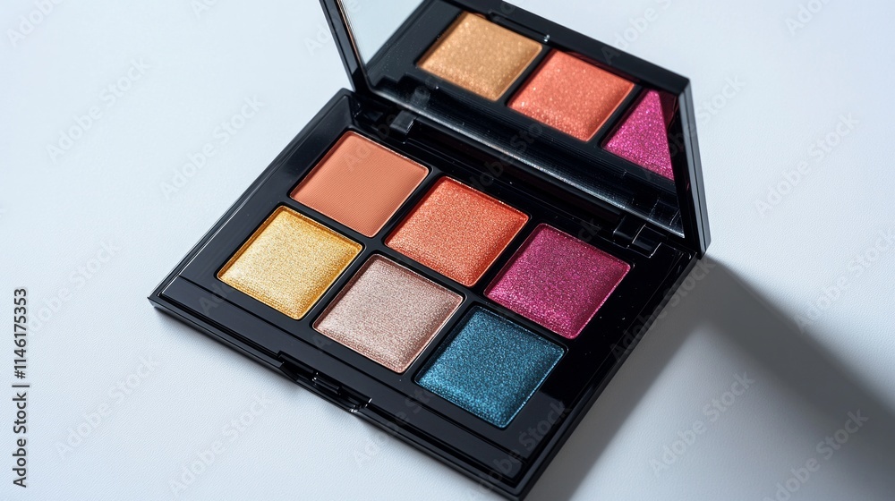 A luxury eyeshadow palette with vibrant shades, open on a white background, AI Generative. A luxury eyeshadow palette with vibrant shades, open on a white background, AI Generative.