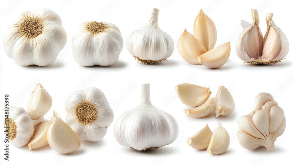 Fototapeta premium Fresh Garlic Collection Displaying Whole Bulbs, Cloves, and Sliced Segments Perfect for Culinary Use, Healthy Cooking, and Food Photography Inspiration