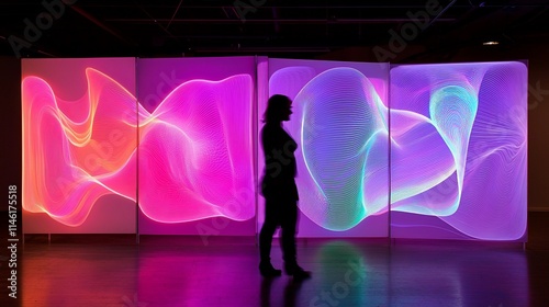 Silhouette of woman admiring vibrant, abstract light art installation.