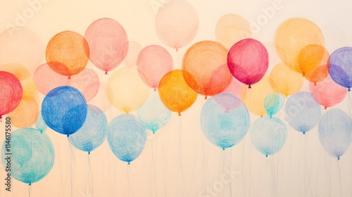 A group of colorful balloons floating in the air, outlined in lines