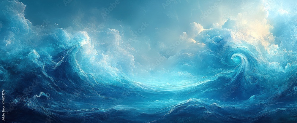 Obraz premium Abstract blue waves and cloudscape, fantasy ocean scene.