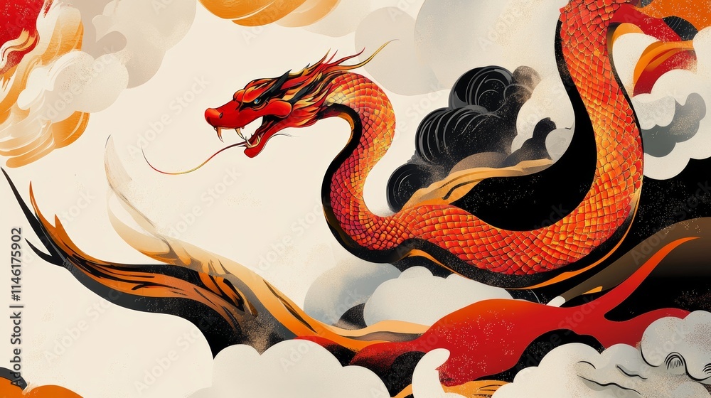 Fototapeta premium Chinese New Year 2025 vector illustration of Year of Snake cover, poster and sale banner. Chinese zodiac Snake symbol.