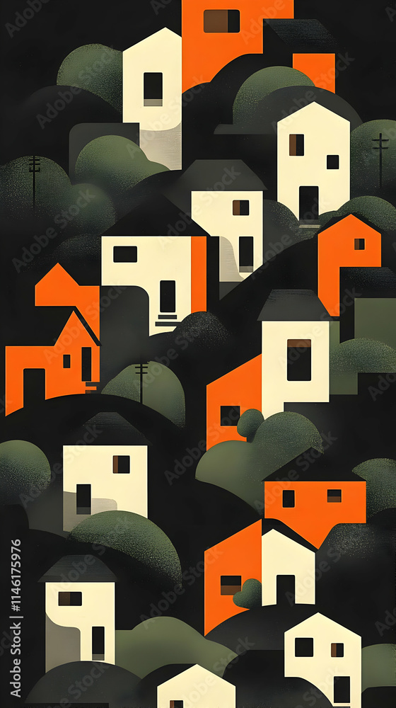 Abstract Illustration of Houses on Hills Abstract Illustration of Houses on Hills
