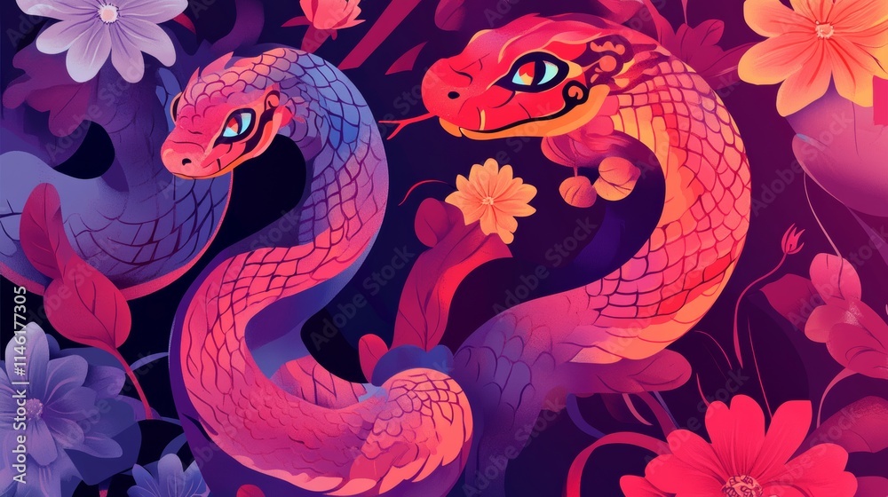 Obraz premium Chinese New Year 2025 vector illustration of Year of Snake cover, poster and sale banner. Chinese zodiac Snake symbol.