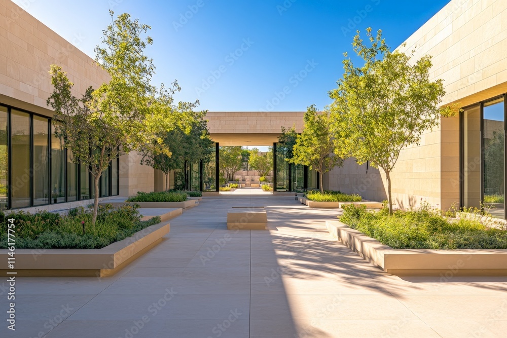 A spacious outdoor courtyard bordered by modern stone buildings, highlighting beautiful planters with lush greenery under a clear blue sky, creating an open and peaceful setting. A spacious outdoor courtyard bordered by modern stone buildings, highlighting beautiful planters with lush greenery under a clear blue sky, creating an open and peaceful setting.