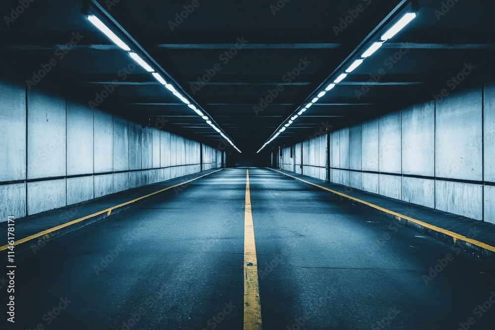 A road tunnel exhibiting perfect symmetry, accented by vibrant blue lighting, creating a modern, surreal experience that evokes speed, focus, and futuristic themes. A road tunnel exhibiting perfect symmetry, accented by vibrant blue lighting, creating a modern, surreal experience that evokes speed, focus, and futuristic themes.