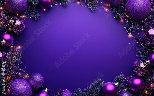 A vibrant purple holiday backdrop with glowing baubles and a blank circular area for text