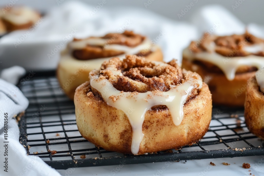 A batch of golden-brown cinnamon rolls sits on a cooling rack, perfectly covered with luscious glaze, highlighting their freshly baked home-style appeal. A batch of golden-brown cinnamon rolls sits on a cooling rack, perfectly covered with luscious glaze, highlighting their freshly baked home-style appeal.