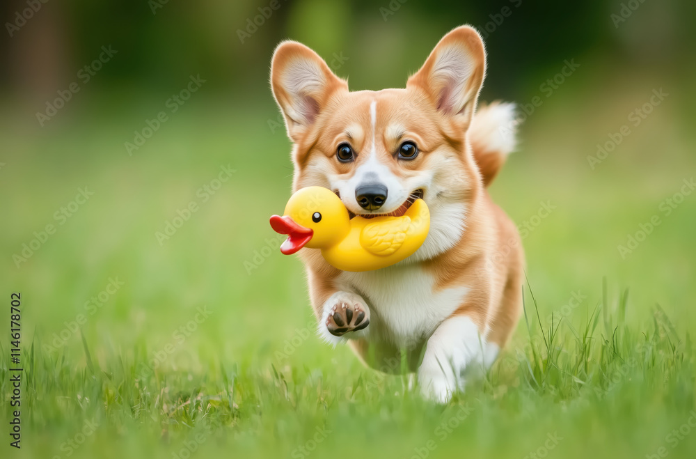 A playful corgi is sprinting across a green park with a yellow duck toy in its mouth. The dog appears energetic and happy, enjoying a sunny day outdoors. Corgi joyfully runs with a bright yellow duck A playful corgi is sprinting across a green park with a yellow duck toy in its mouth. The dog appears energetic and happy, enjoying a sunny day outdoors. Corgi joyfully runs with a bright yellow duck